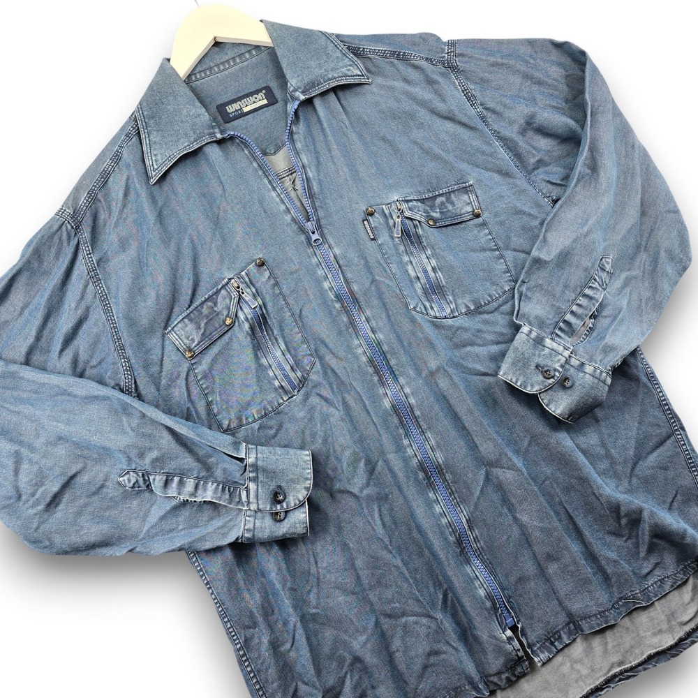 Winswon Sport Mens Medium Denim Shirt Jacket Blue Full Zip Long Sleeve Utility